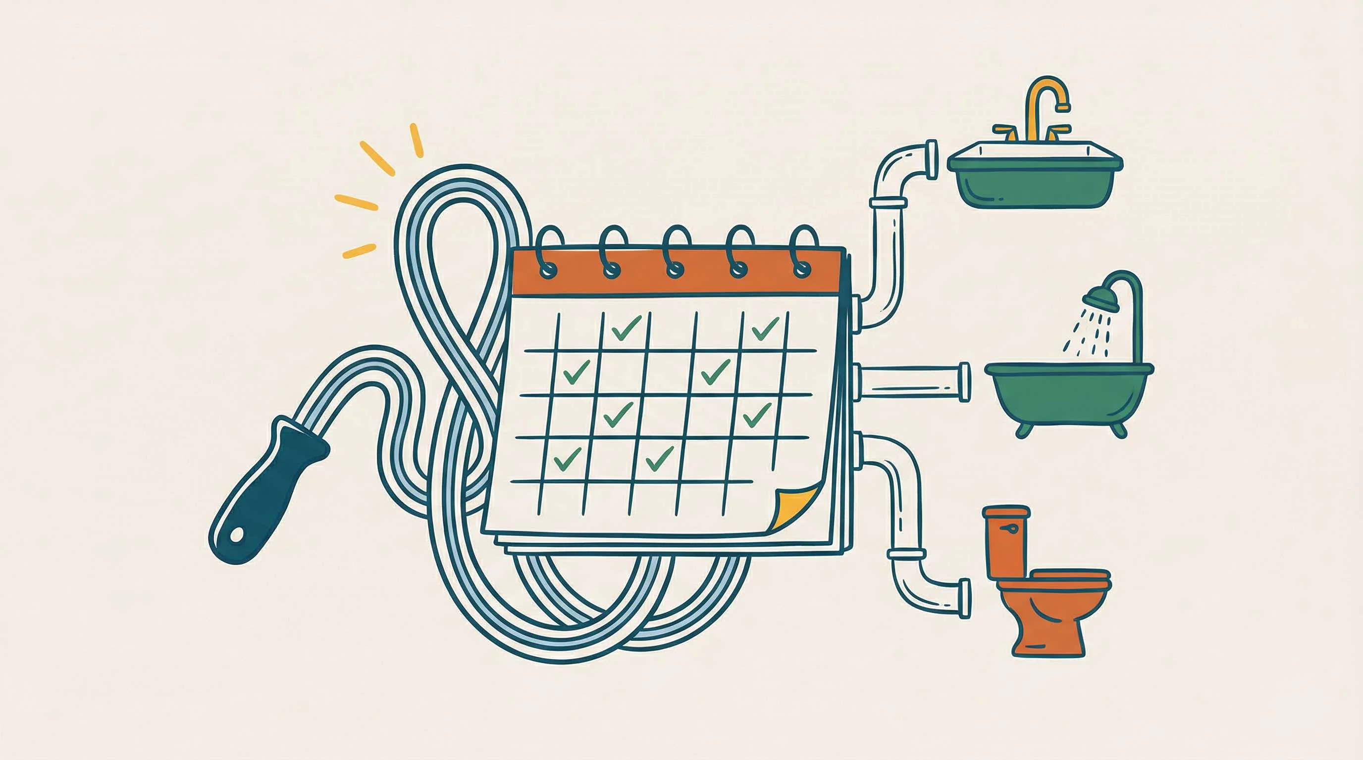 Illustration: Wie oft Rohre reinigen - Intervalle für Küche, Bad und WC mit präventiver Reinigung