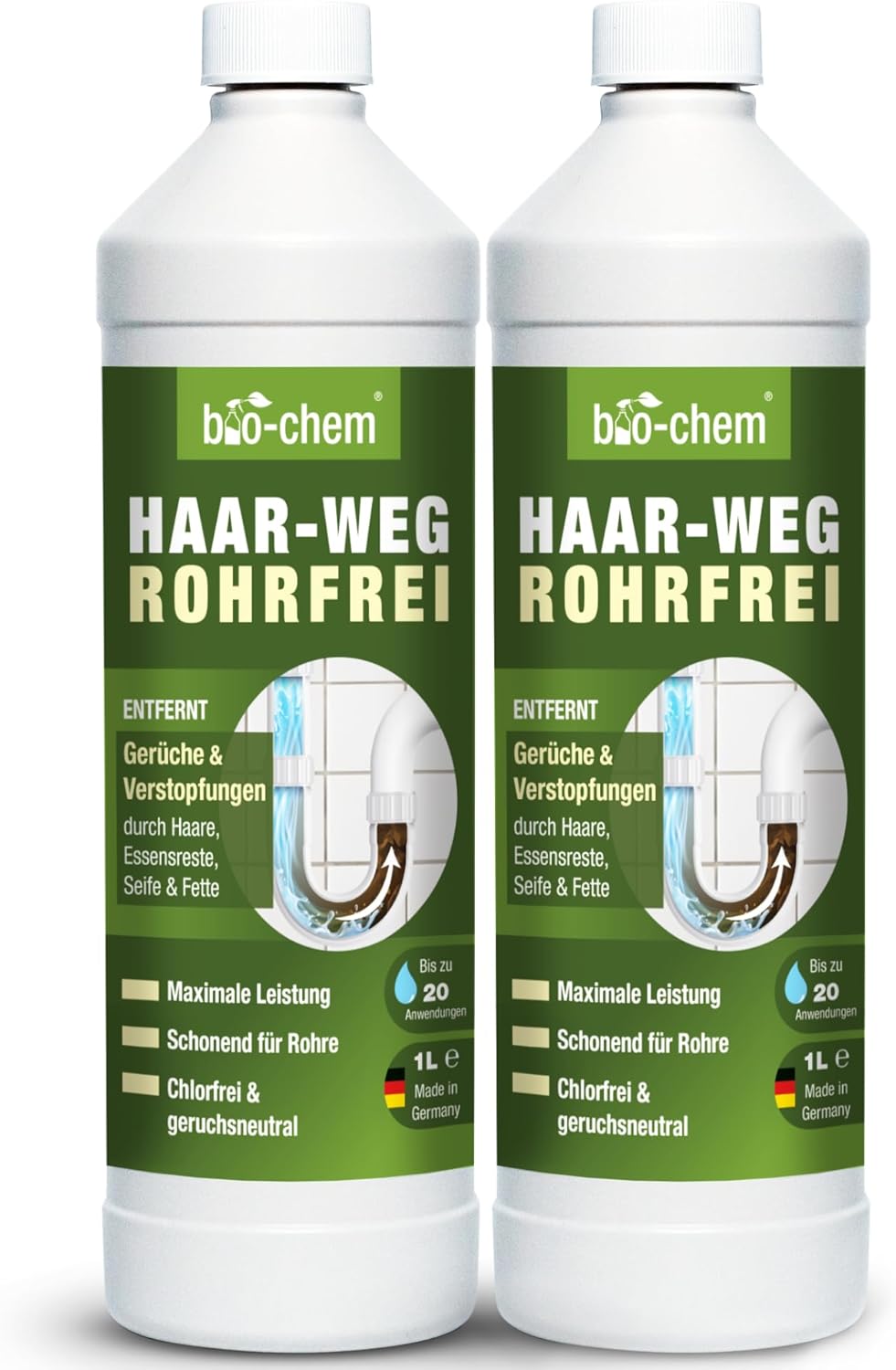 bio-chem Haar-Weg 2er Pack - chlorfreier Rohrreiniger Sparpaket