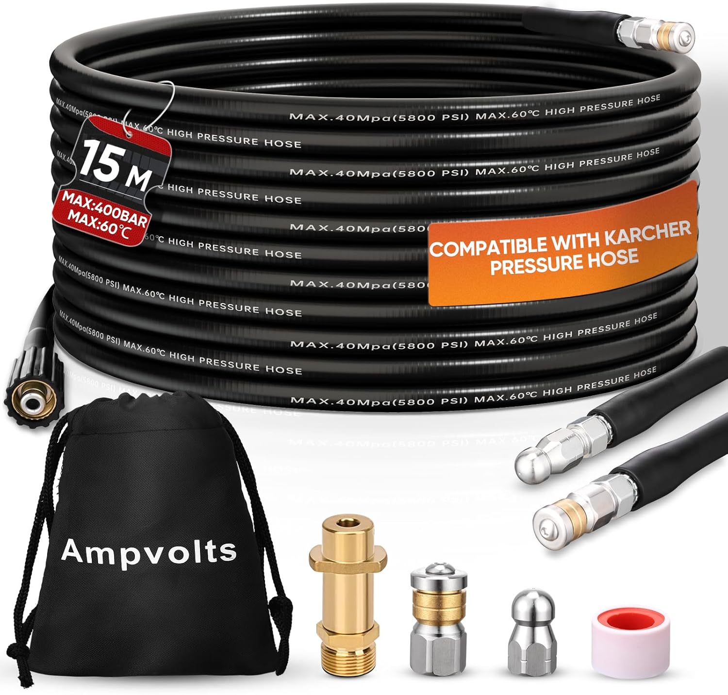 Ampvolts 15m Rohrreinigungsschlauch mit Messing-Adapter