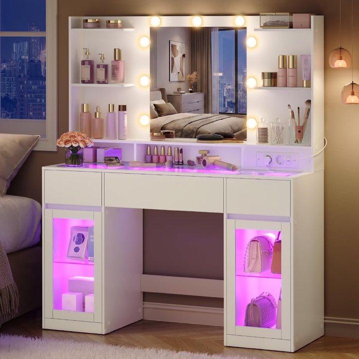VASAGLE Schminktisch mit Spiegel, RGB-Beleuchtung, 2 Schränke