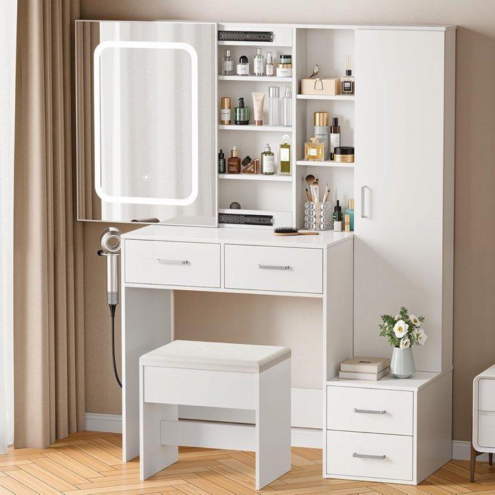 Aiorber Schminktisch mit Spiegel, LED, 4 Schubladen