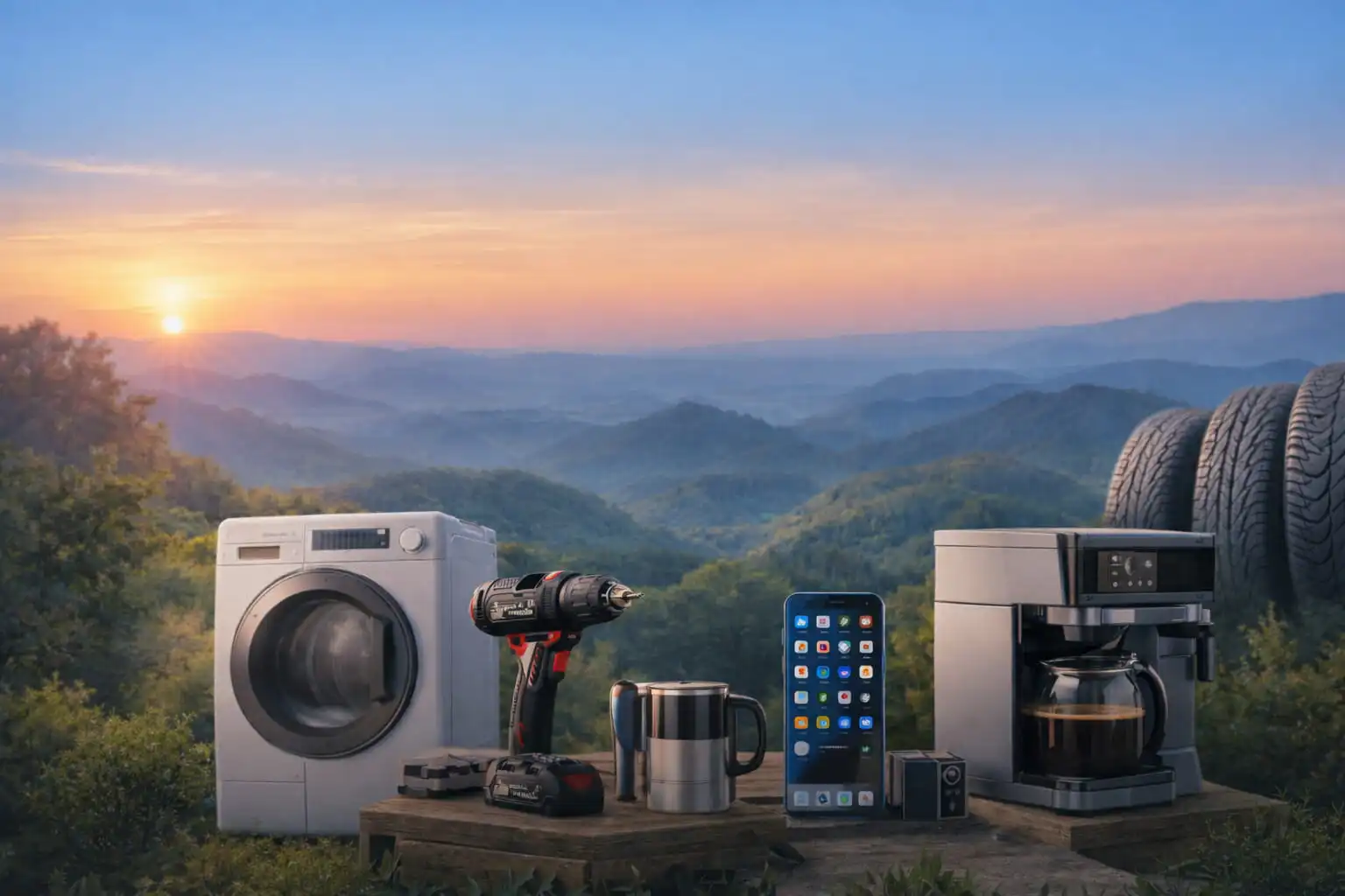 Produktvergleich – Verschiedene Alltagsprodukte wie Waschmaschine, Kaffeemaschine, Smartphone und Werkzeug