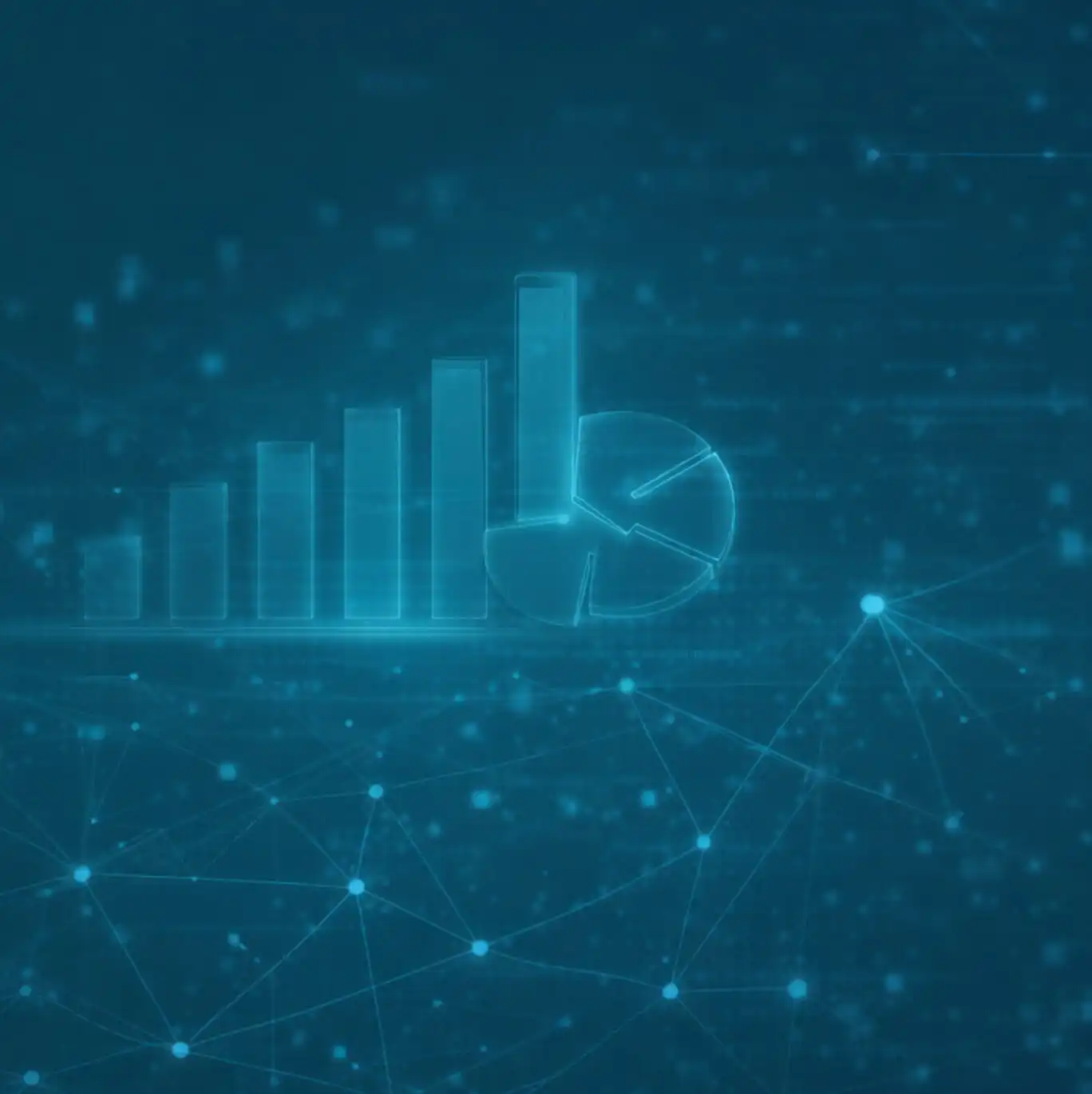 Datenanalyse und AI-Visualisierung – Balkendiagramme und Netzwerkverbindungen symbolisieren unsere datenbasierte Methodik